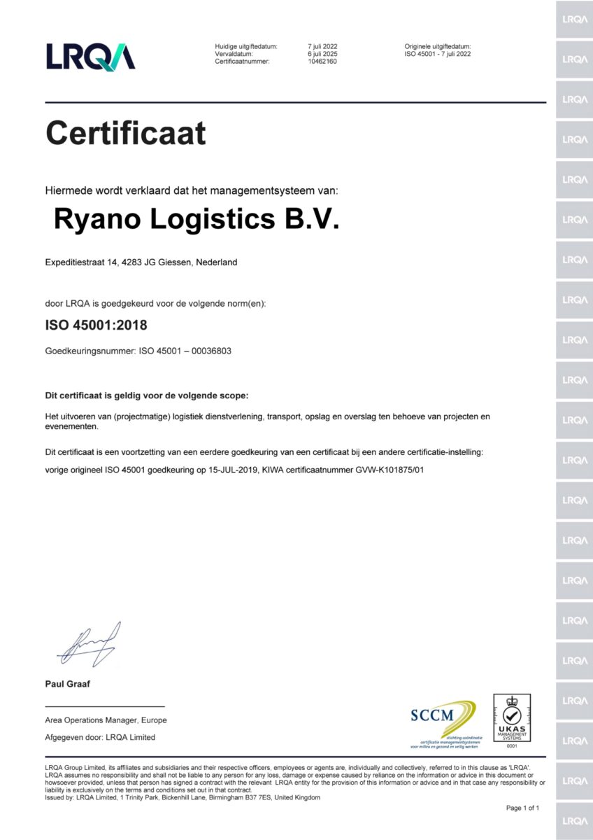 Ryano Logistics erhält ISO 45001-Zertifikat